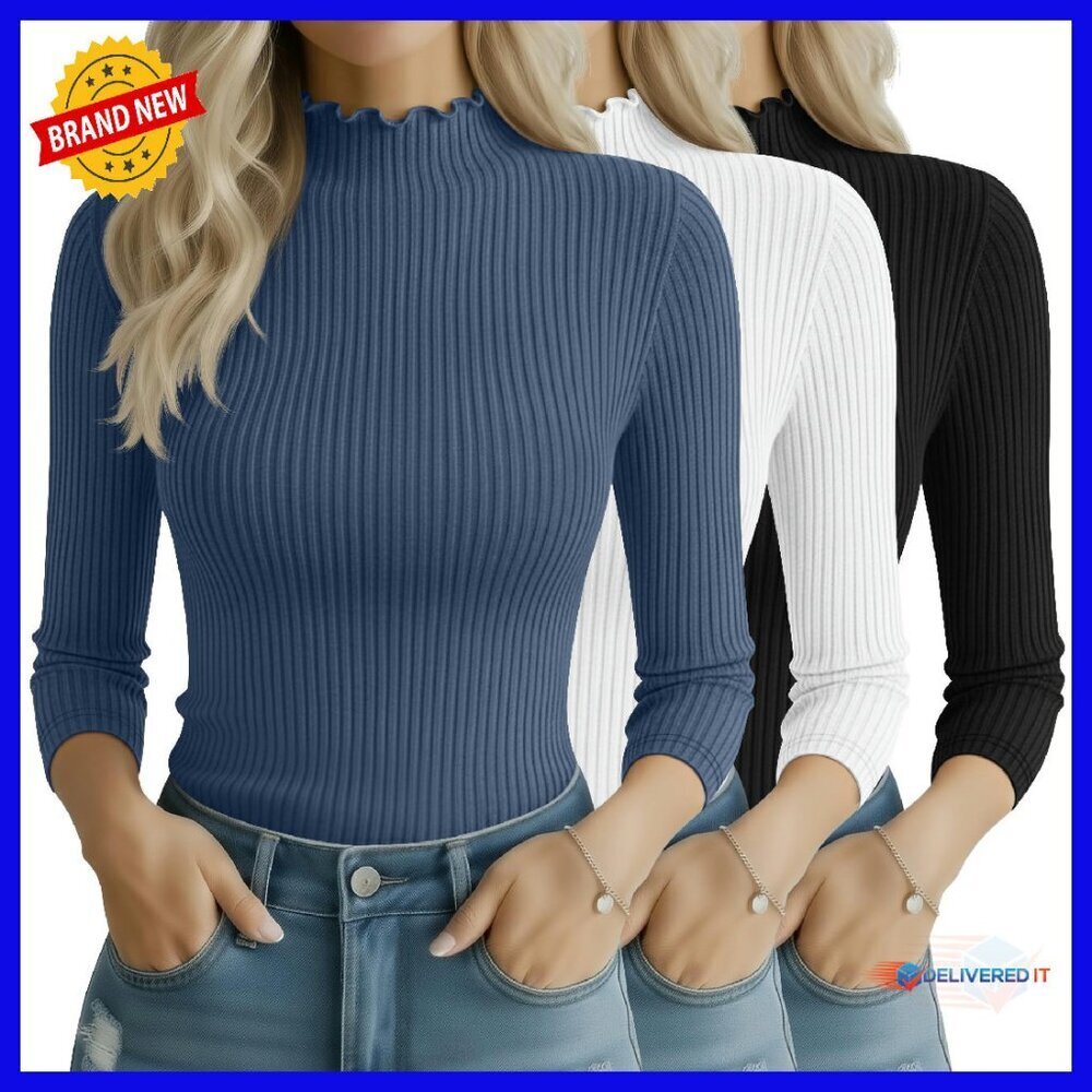 3 Pack Women's Cotton Mock Turtleneck Tops 3/4 Sleeve Slim Fit